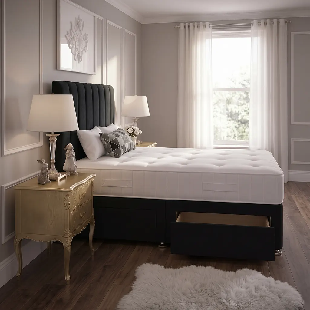 Black 4FT Small Double Divan Bed with 2 Drawers, Panel Headboard & Mattress