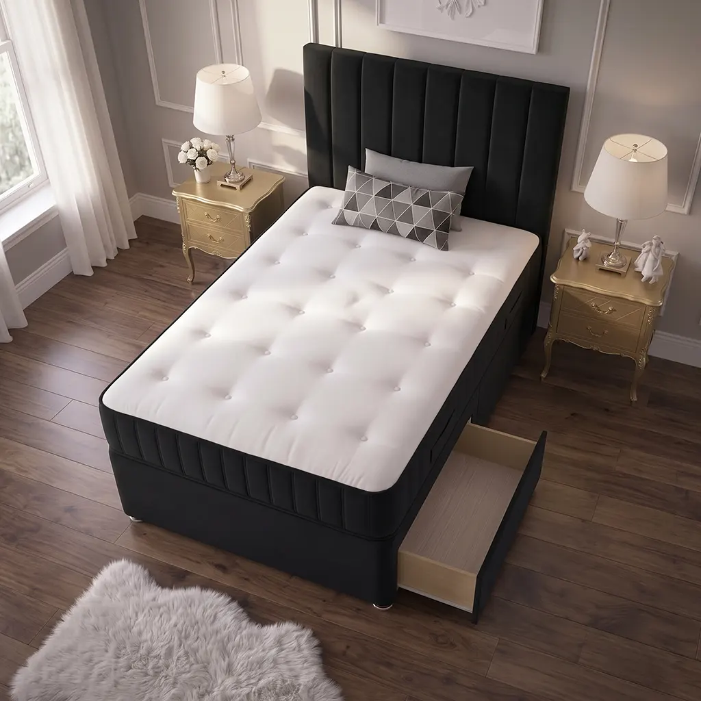 Black 4FT Small Double Divan Bed with 2 Drawers, Panel Headboard & Mattress