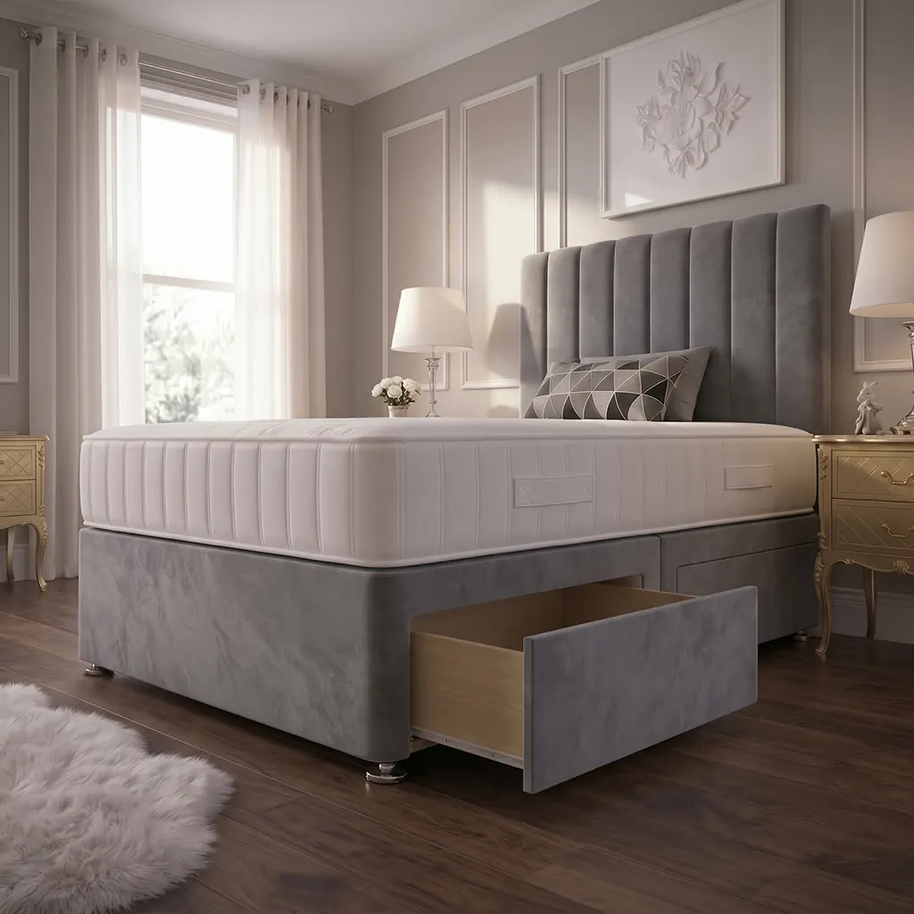 Grey 4FT Divan Bed with 2 Drawers & Super Orthopaedic Mattress