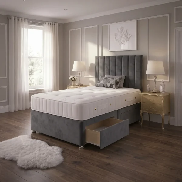 Grey 4FT Divan Bed with 2 Drawers & Super Orthopaedic Mattress