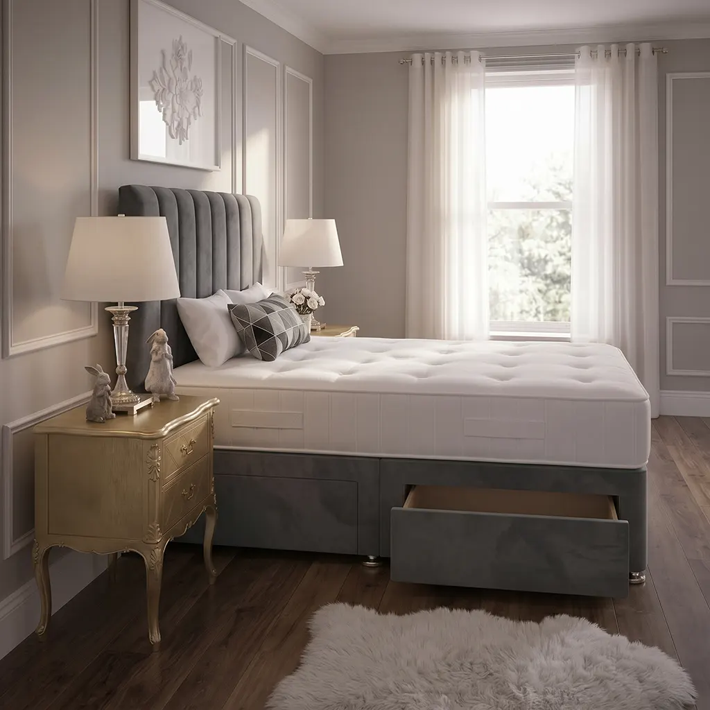 Grey 4FT Divan Bed with 2 Drawers & Super Orthopaedic Mattress