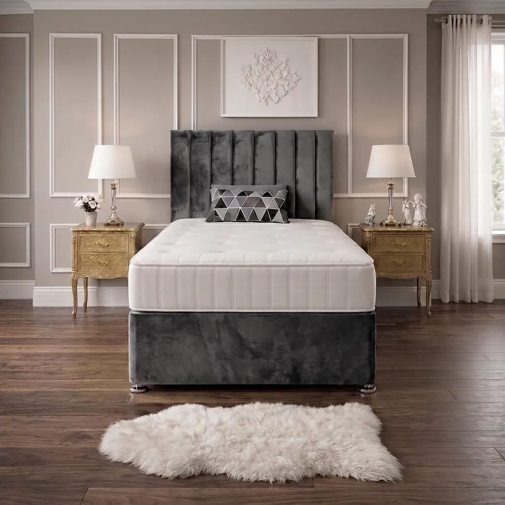 Grey 4FT Small Double Bed with Panel Headboard & Mattress