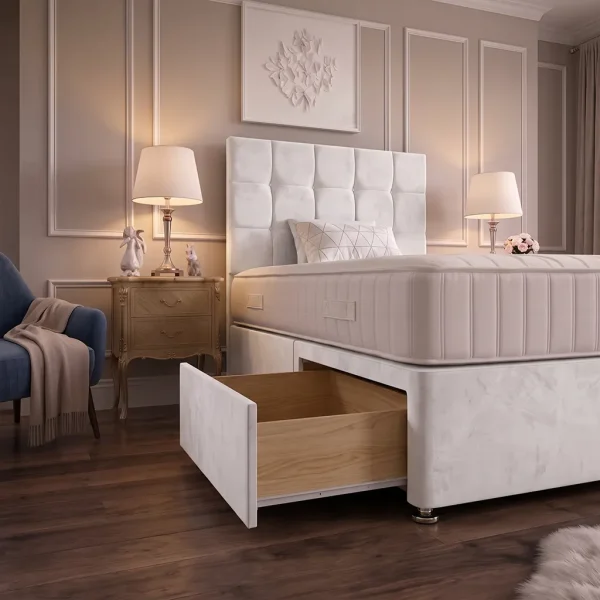 White 4FT Small Double Divan Bed with 2 Drawers, Cubic Headboard & Mattress