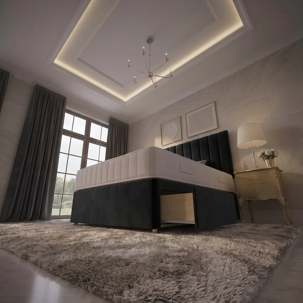 Black Standard Double Divan Bed with 2 Drawers, Panel Headboard & Mattress