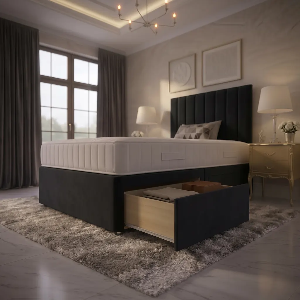Black Standard Double Divan Bed with 2 Drawers, Panel Headboard & Mattress