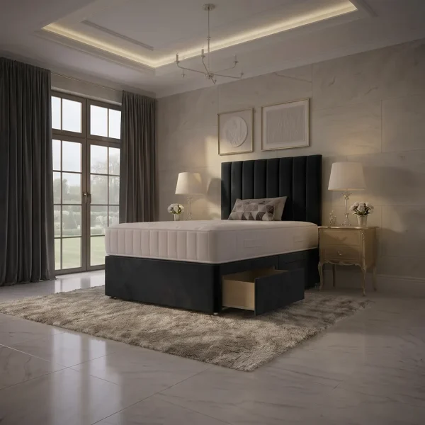 Black Standard Double Divan Bed with 2 Drawers, Panel Headboard & Mattress