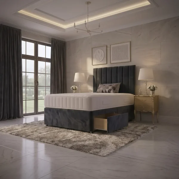 Grey Standard Double Divan Bed with 2 Drawers, Panel Headboard & Mattress
