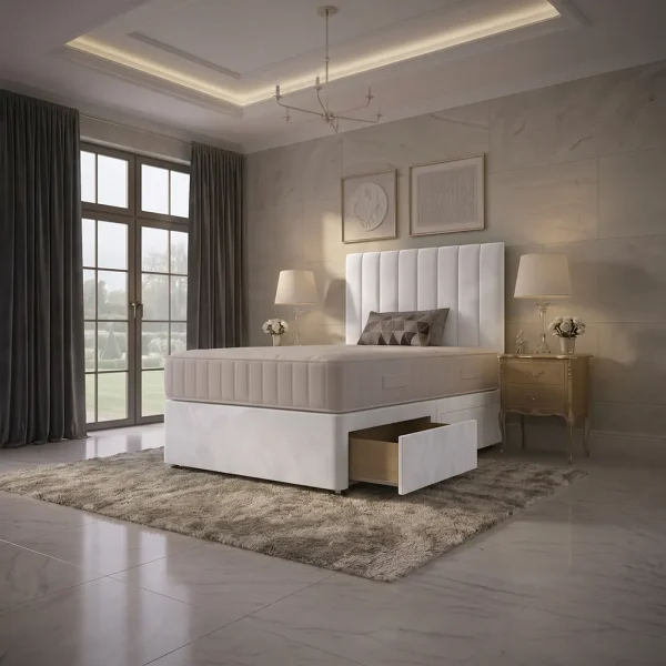White Standard Double Divan Bed with 2 Drawers, Panel Headboard & Mattress