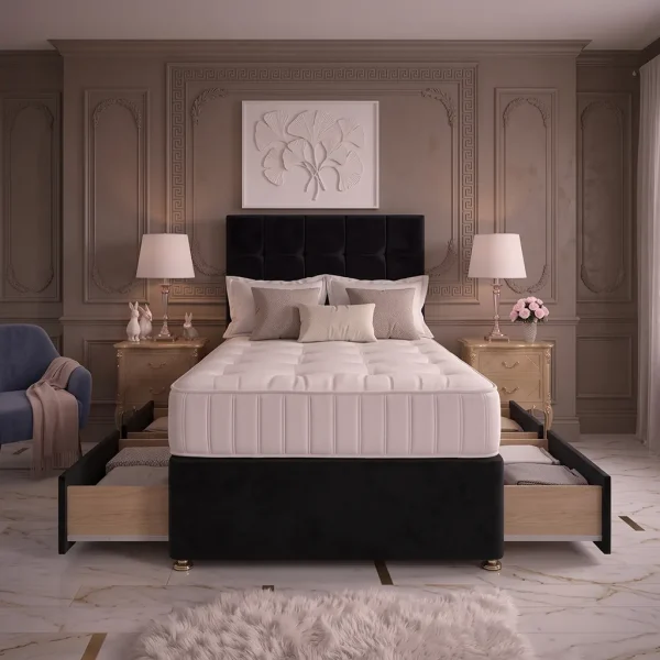 Black 4FT6 Double Divan Bed with 4 Drawers, Cubic Headboard & Memory Foam Mattress