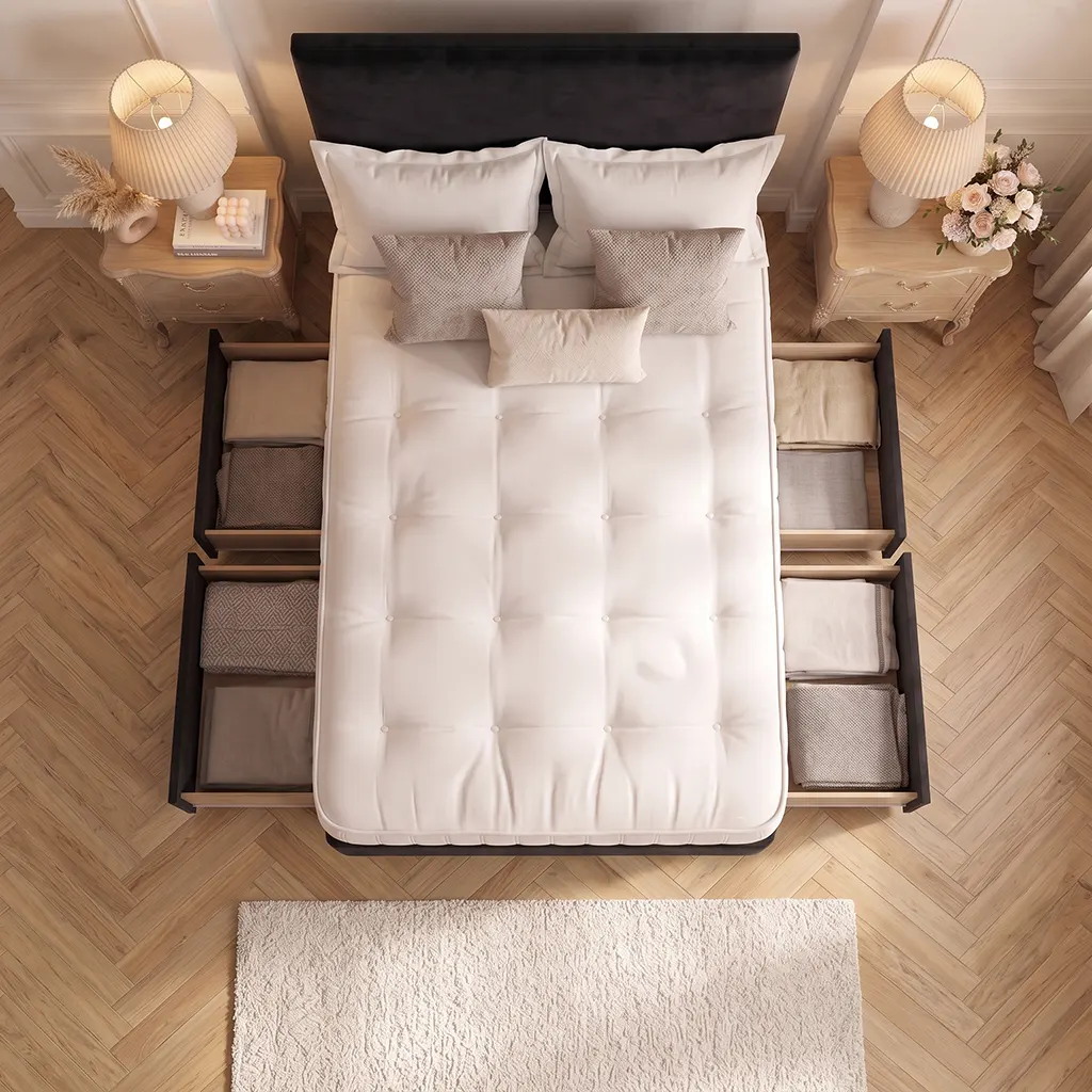 Black 4FT6 Double Divan Bed with 4 Drawers, Plain Headboard & Mattress