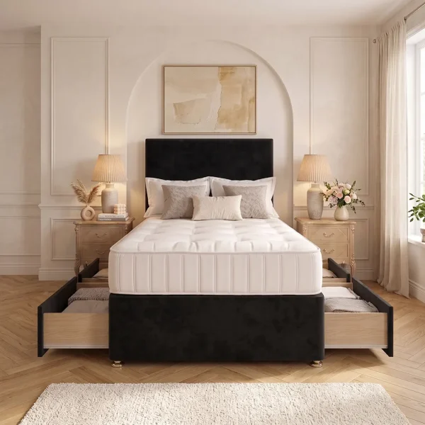 Black 4FT6 Double Divan Bed with 4 Drawers, Plain Headboard & Mattress