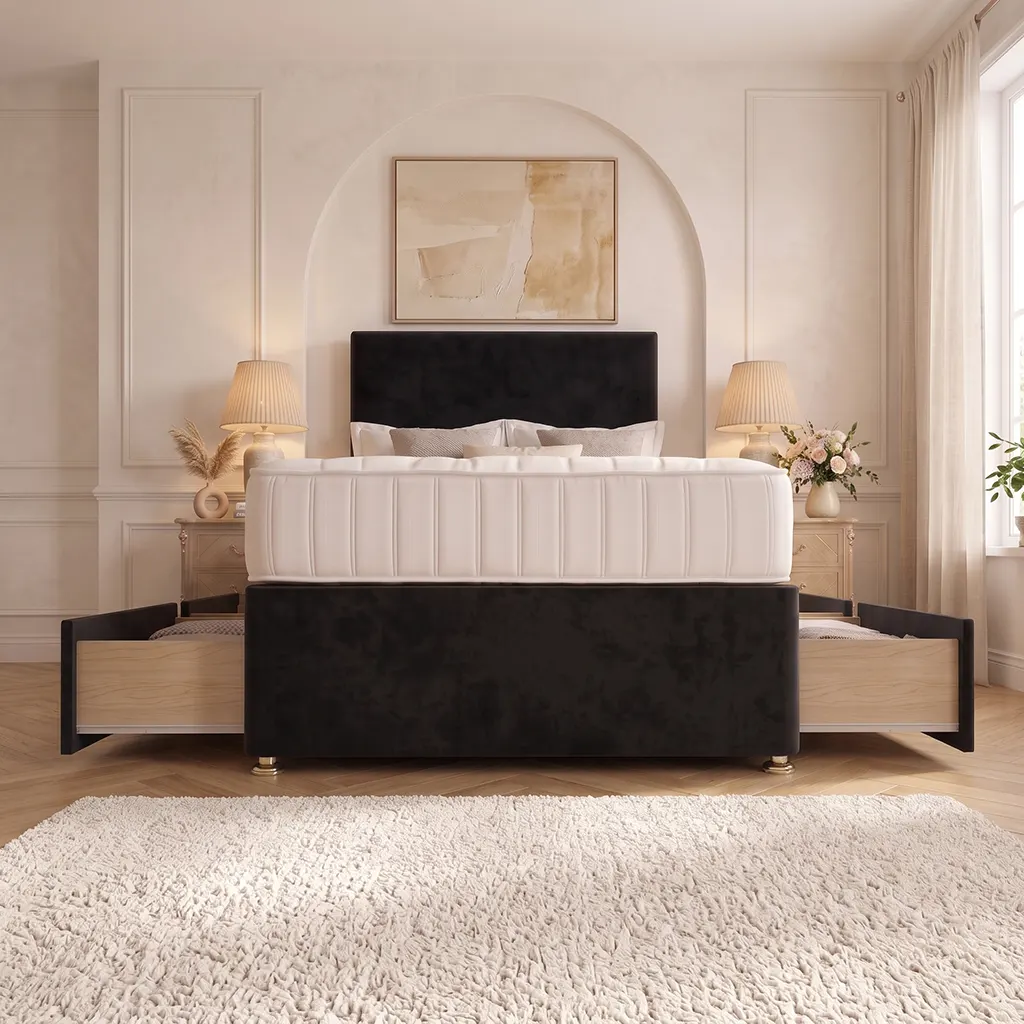 Black 4FT6 Double Divan Bed with 4 Drawers, Plain Headboard & Mattress
