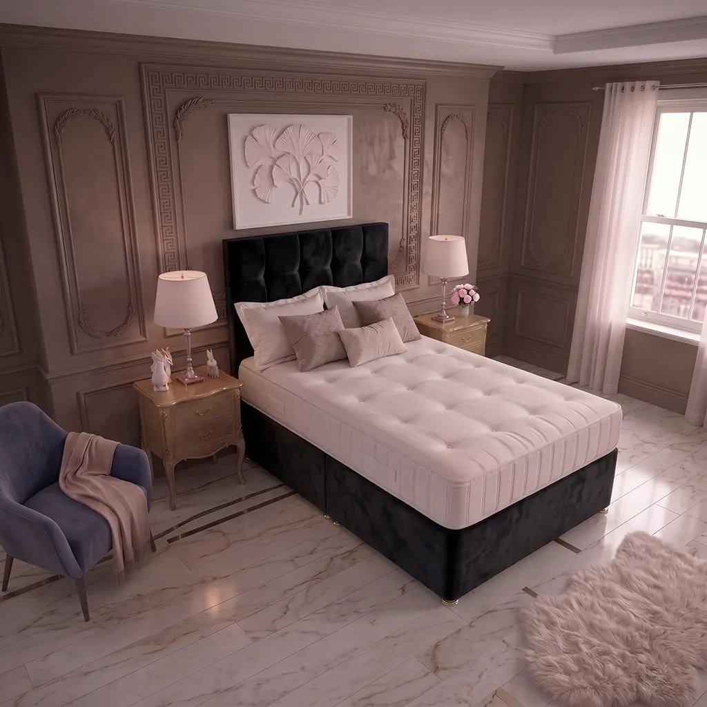 Black 4FT6 Double Divan Bed with Cubic Headboard & Mattress