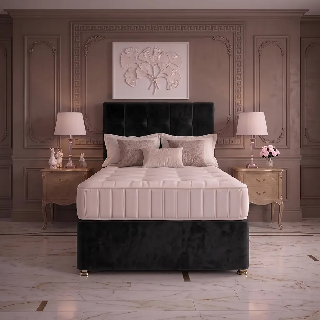Black 4FT6 Double Divan Bed with Cubic Headboard & Mattress