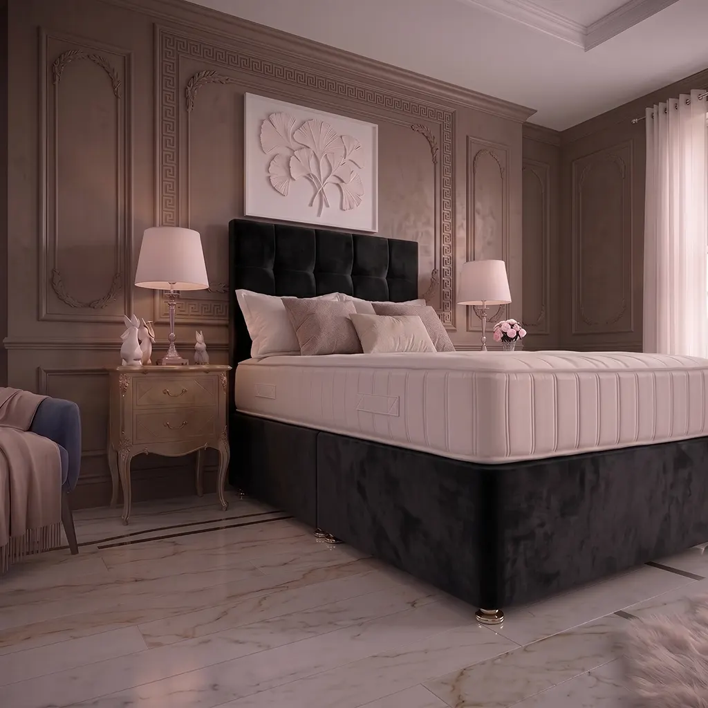 Black 4FT6 Double Divan Bed with Cubic Headboard & Mattress