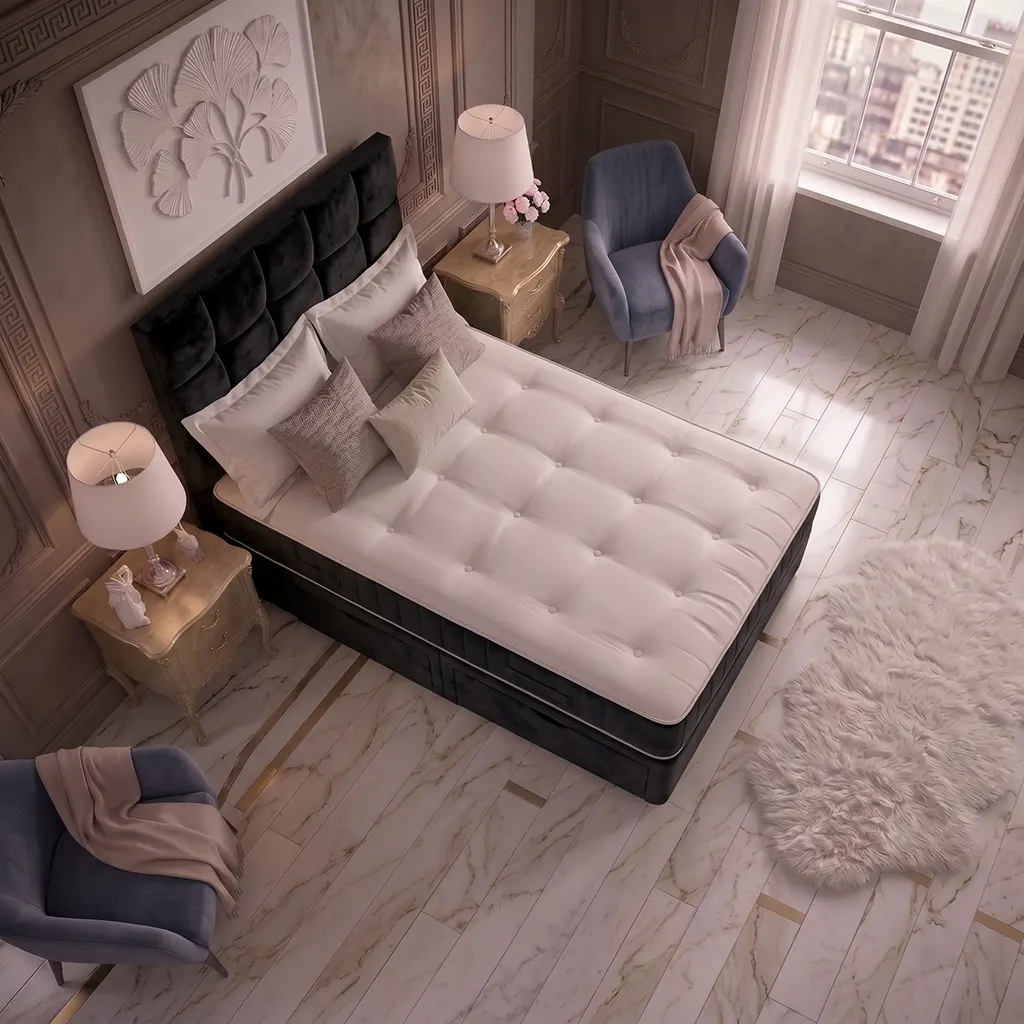Black 4FT6 Double Divan Bed with Cubic Headboard & Mattress