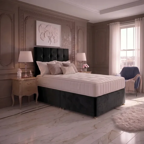 Black 4FT6 Double Divan Bed with Cubic Headboard & Mattress