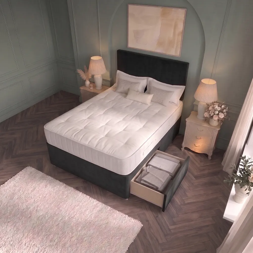 Black 4FT6 Upholstered Divan Bed with Plain Headboard & 2 Drawers