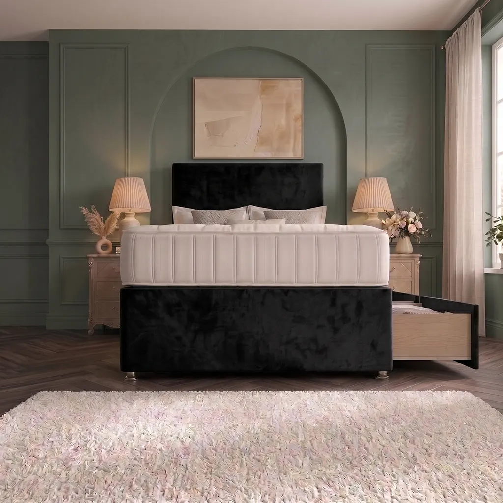 Black 4FT6 Upholstered Divan Bed with Plain Headboard & 2 Drawers