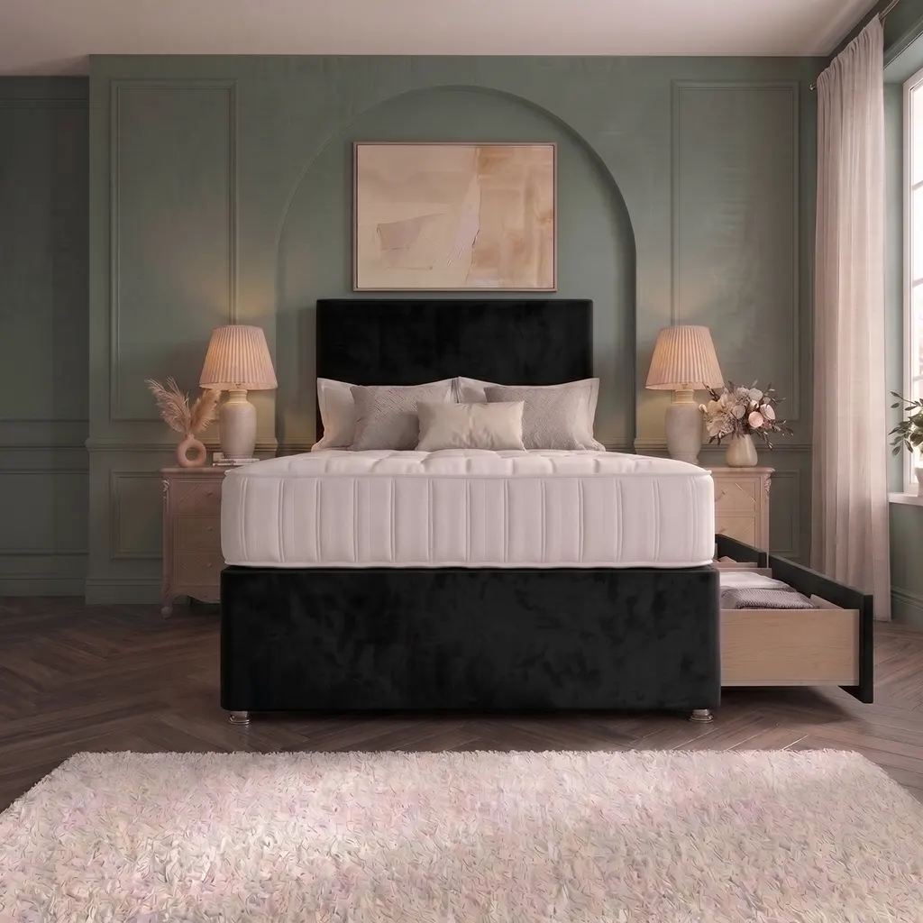 Black 4FT6 Upholstered Divan Bed with Plain Headboard & 2 Drawers