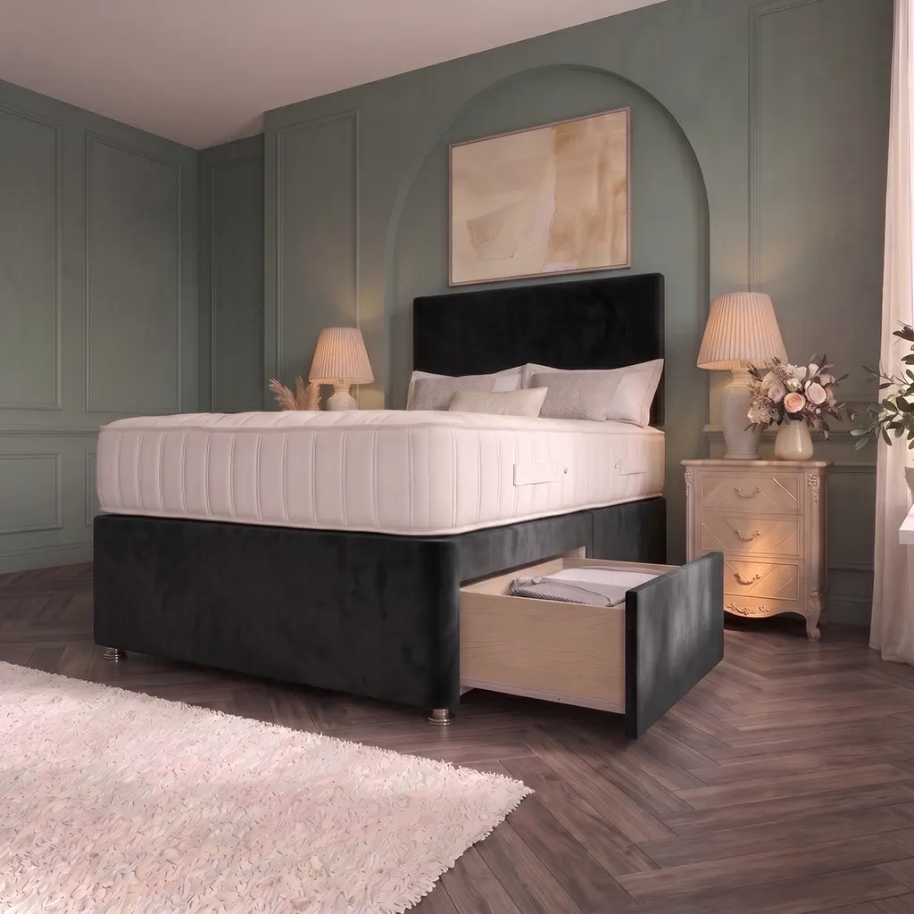 Black 4FT6 Upholstered Divan Bed with Plain Headboard & 2 Drawers