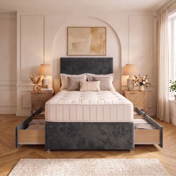 Grey 4FT6 Double Divan Bed with 4 Drawers, Plain Headboard & Mattress