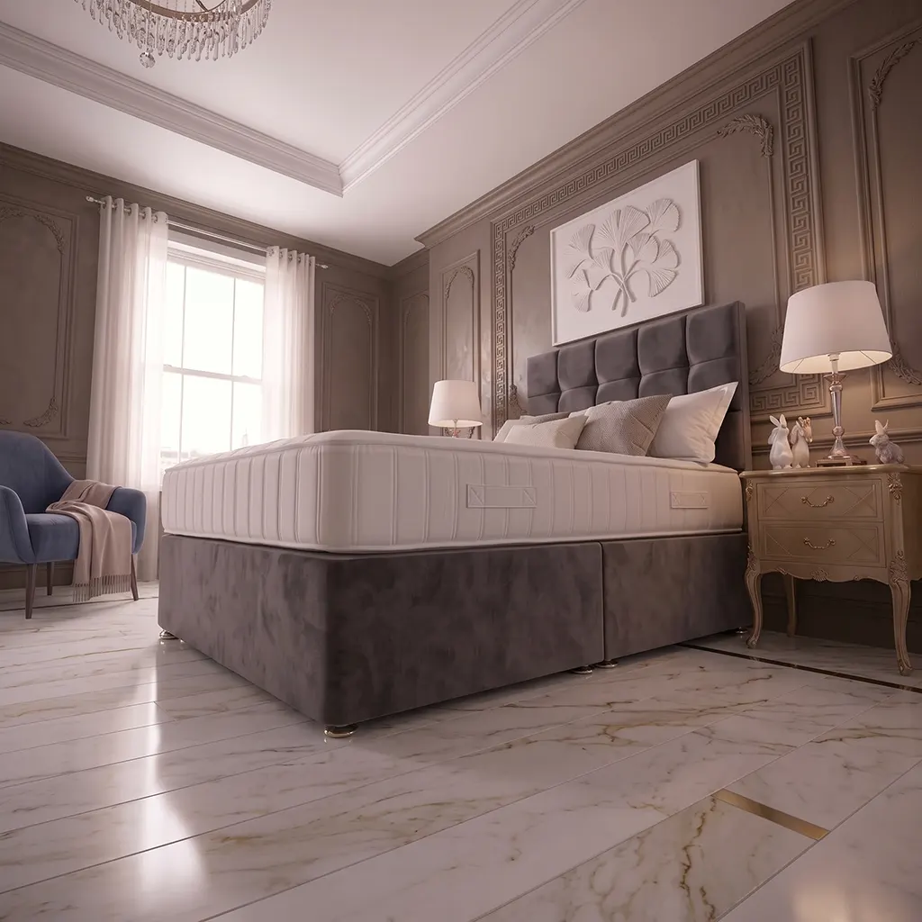 Grey 4FT6 Double Divan Bed with Cubic Headboard & Mattress