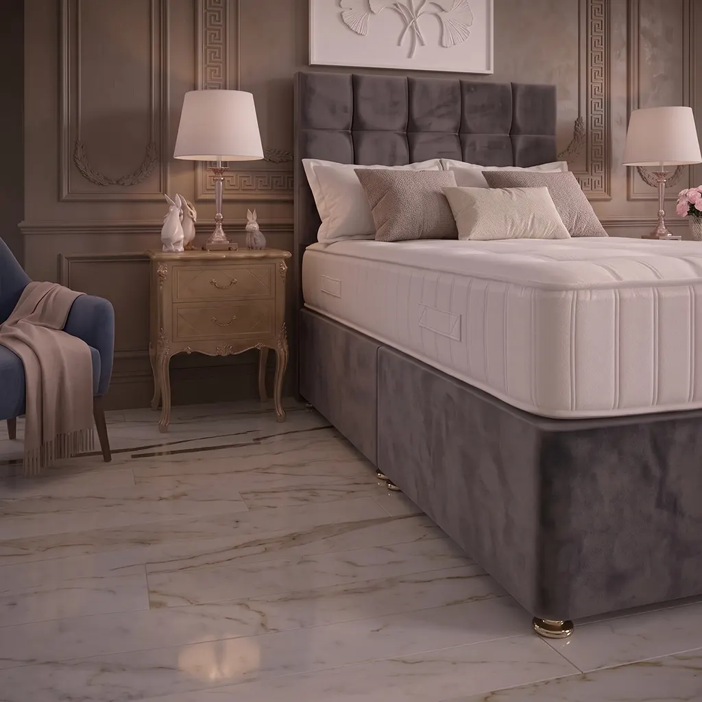 Grey 4FT6 Double Divan Bed with Cubic Headboard & Mattress
