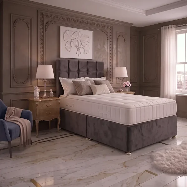 Grey 4FT6 Double Divan Bed with Cubic Headboard & Mattress