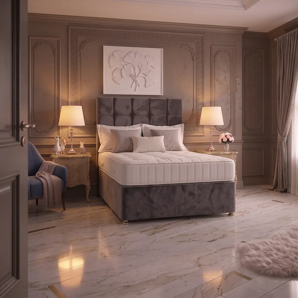 Grey 4FT6 Double Divan Bed with Cubic Headboard & Mattress