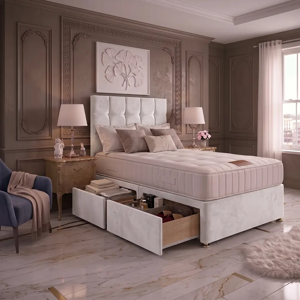 White 4FT6 Double Divan Bed with 4 Drawers, Cubic Headboard & Mattress