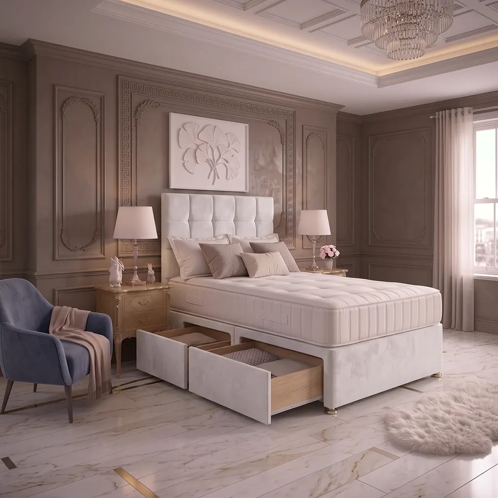 White 4FT6 Double Divan Bed with 4 Drawers, Cubic Headboard & Mattress