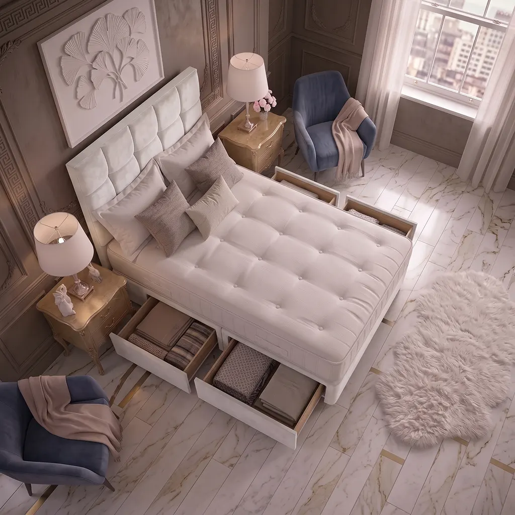 White 4FT6 Double Divan Bed with 4 Drawers, Cubic Headboard & Mattress