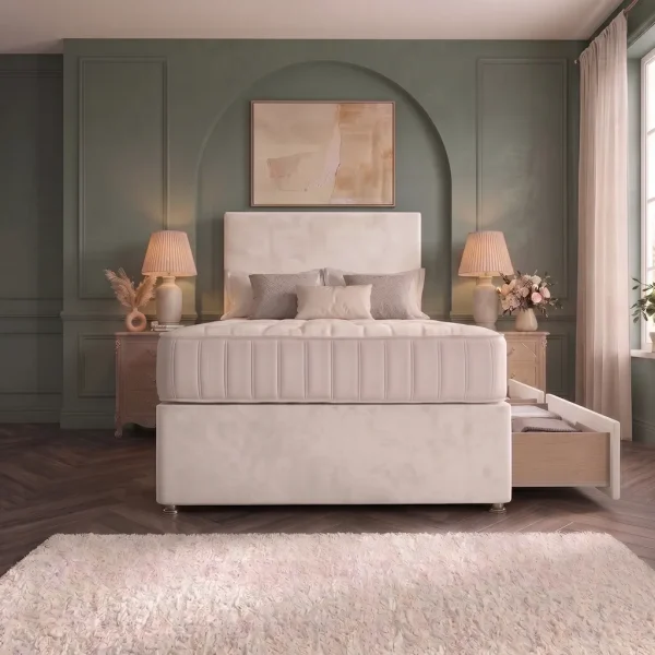 White 4FT6 Upholstered Divan Bed with Plain Headboard & 2 Drawers