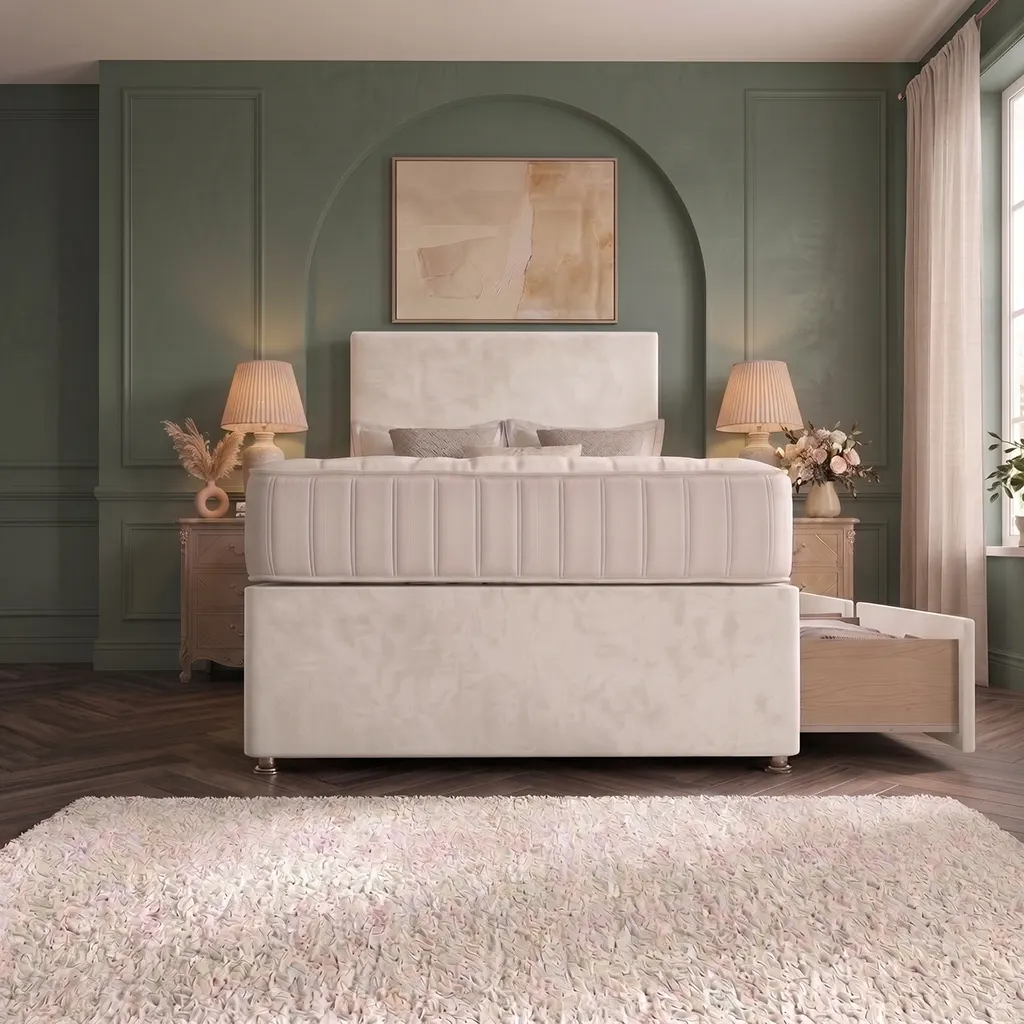 White 4FT6 Upholstered Divan Bed with Plain Headboard & 2 Drawers