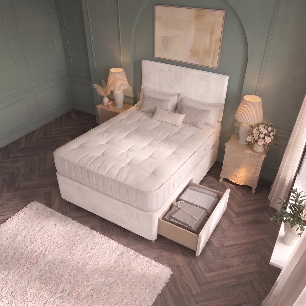White 4FT6 Upholstered Divan Bed with Plain Headboard & 2 Drawers