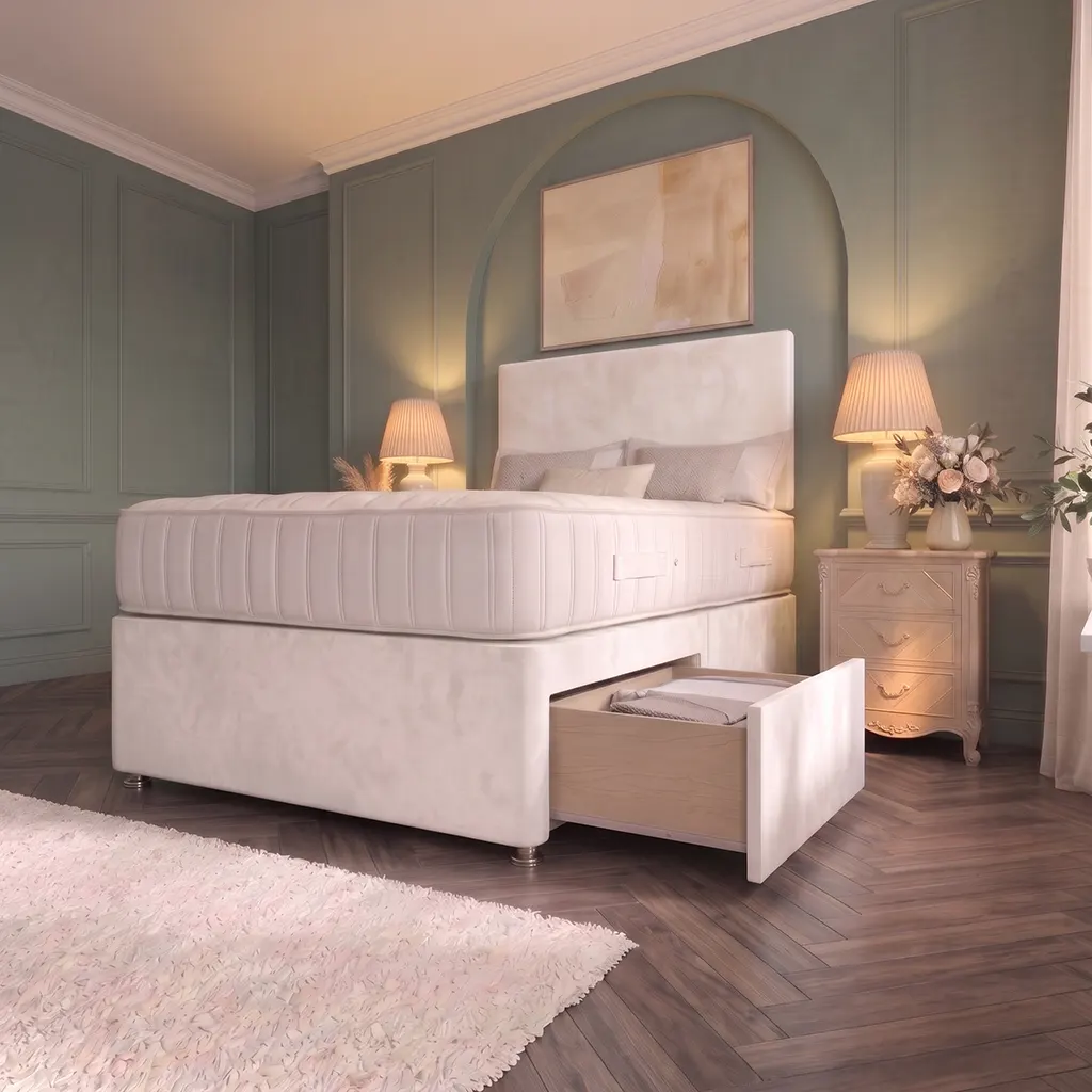 White 4FT6 Upholstered Divan Bed with Plain Headboard & 2 Drawers