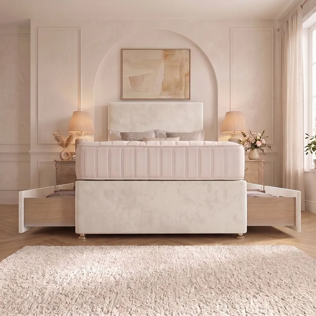 White 4FT6 Double Divan Bed with 4 Drawers, Plain Headboard & Mattress