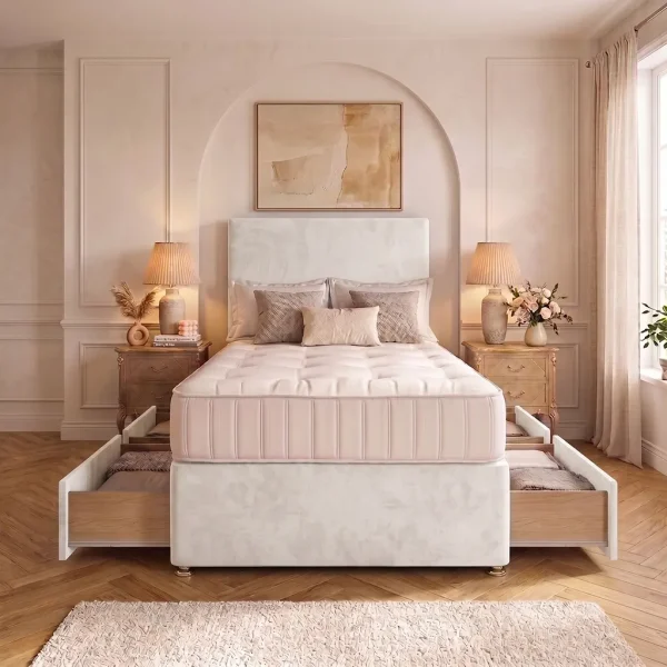 White 4FT6 Double Divan Bed with 4 Drawers, Plain Headboard & Mattress