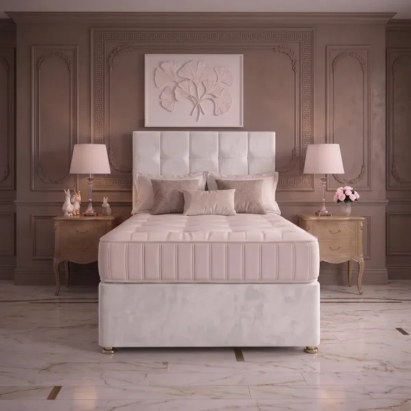 White 4FT6 Double Divan Bed with Cubic Headboard & Mattress