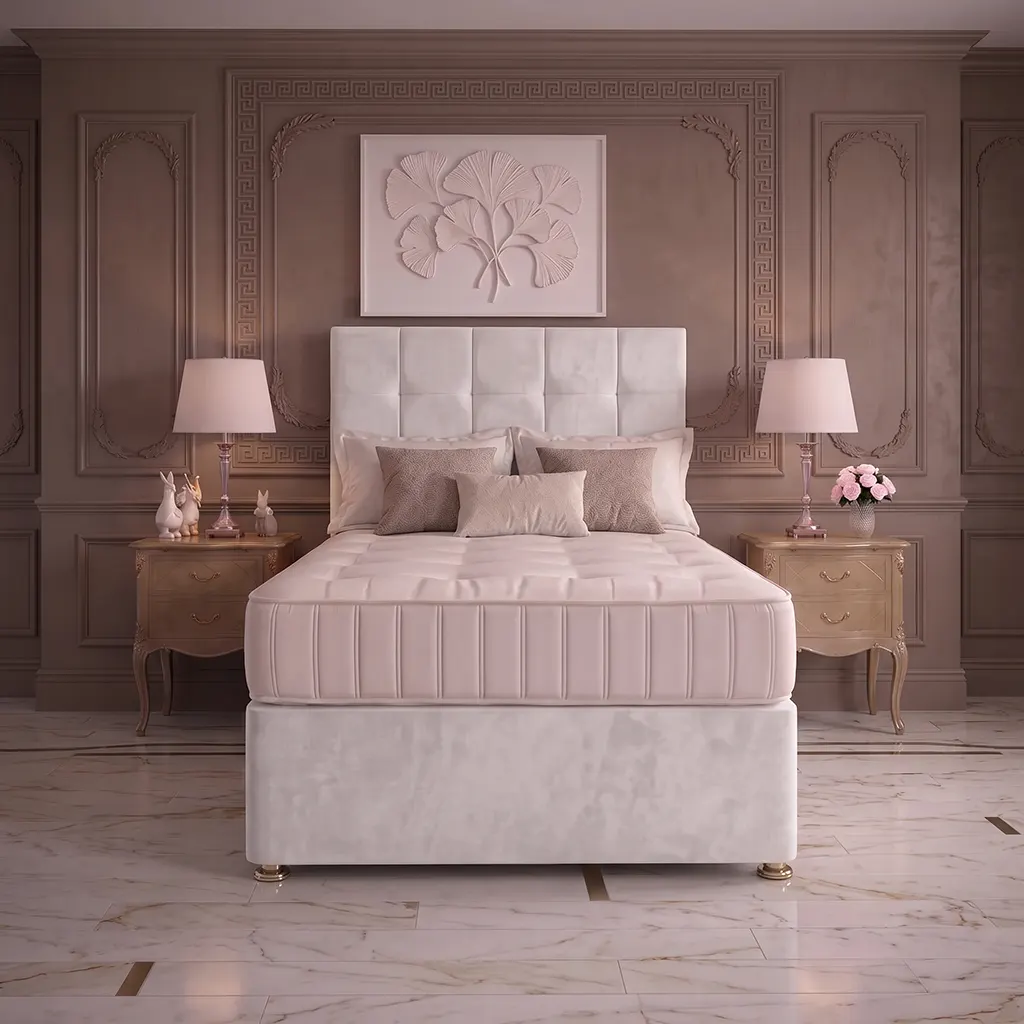 White 4FT6 Double Divan Bed with Cubic Headboard & Mattress