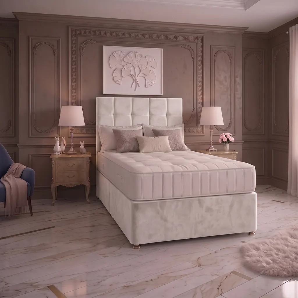 White 4FT6 Double Divan Bed with Cubic Headboard & Mattress