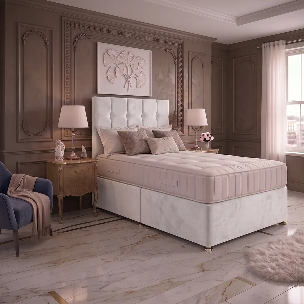 White 4FT6 Double Divan Bed with Cubic Headboard & Mattress