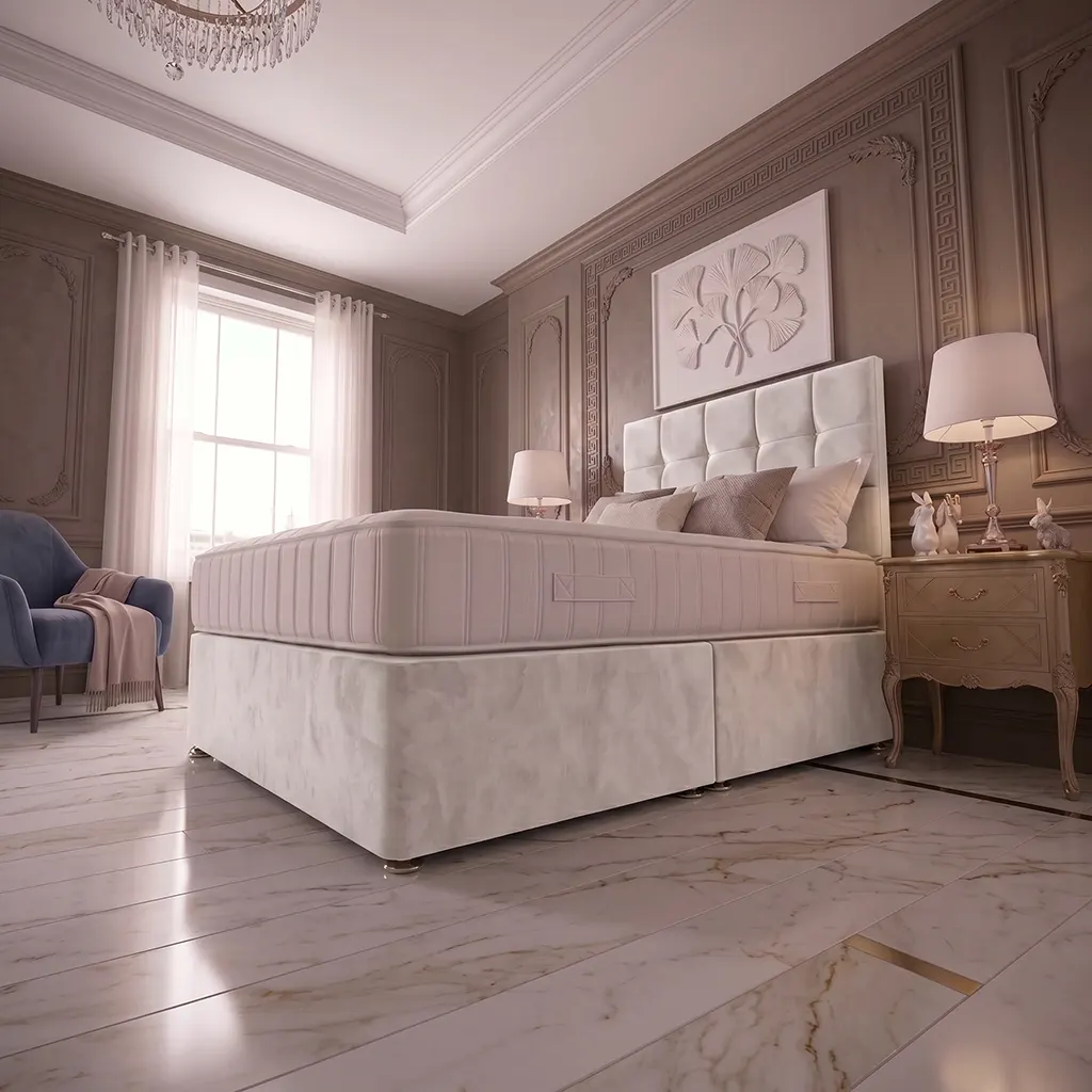 White 4FT6 Double Divan Bed with Cubic Headboard & Mattress