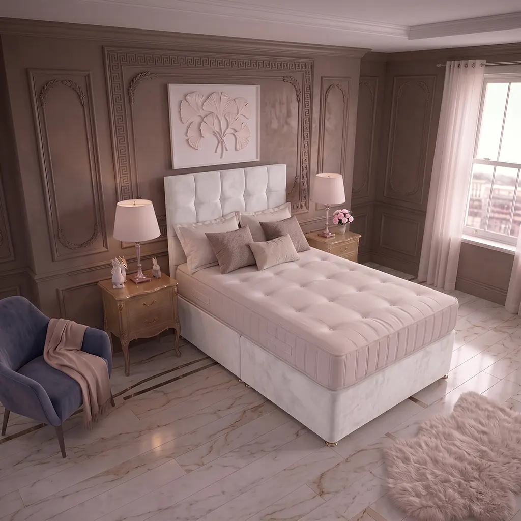 White 4FT6 Double Divan Bed with Cubic Headboard & Mattress