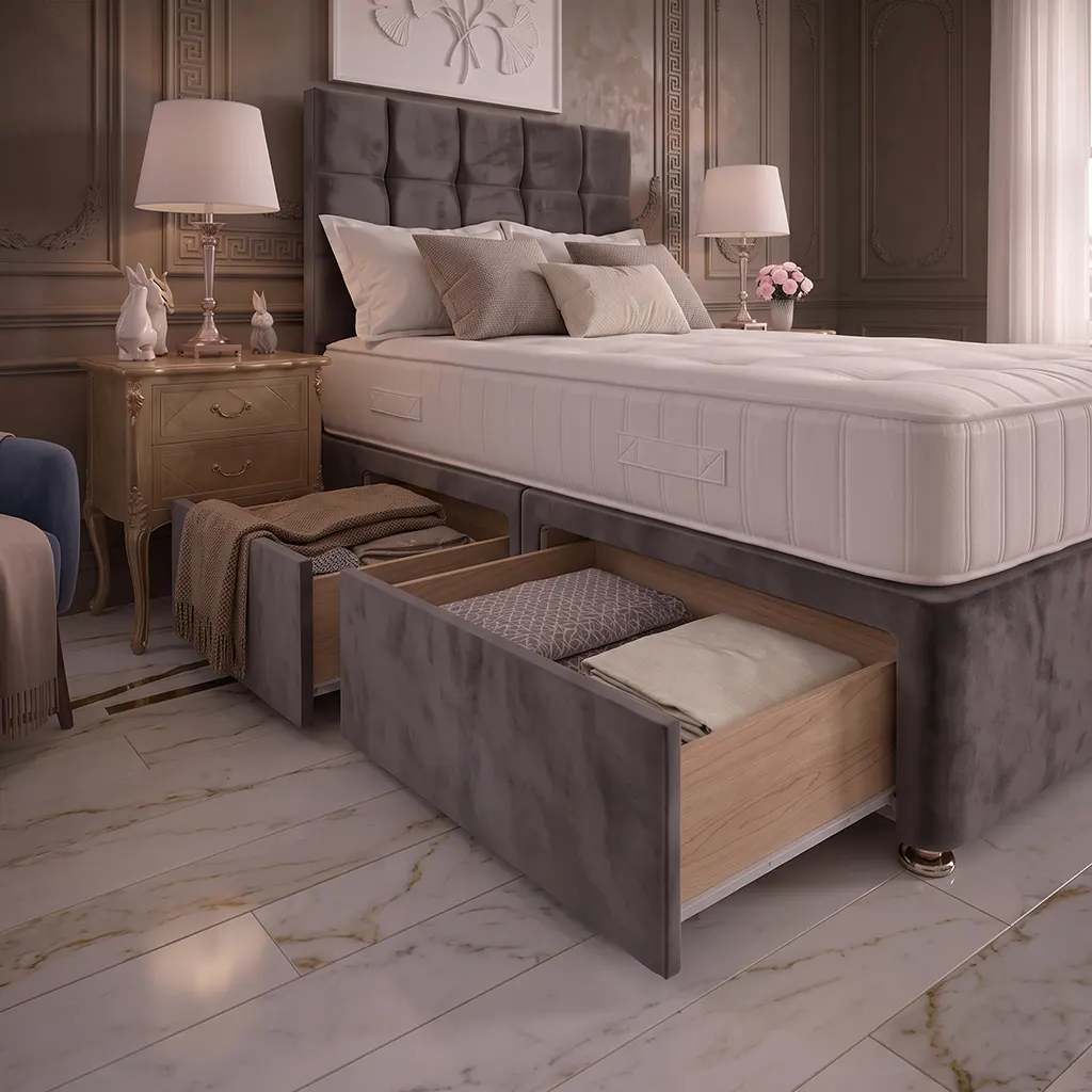 Grey 4FT6 Double Divan Bed with 4 Drawers, Cubic Headboard & Memory Foam Mattress