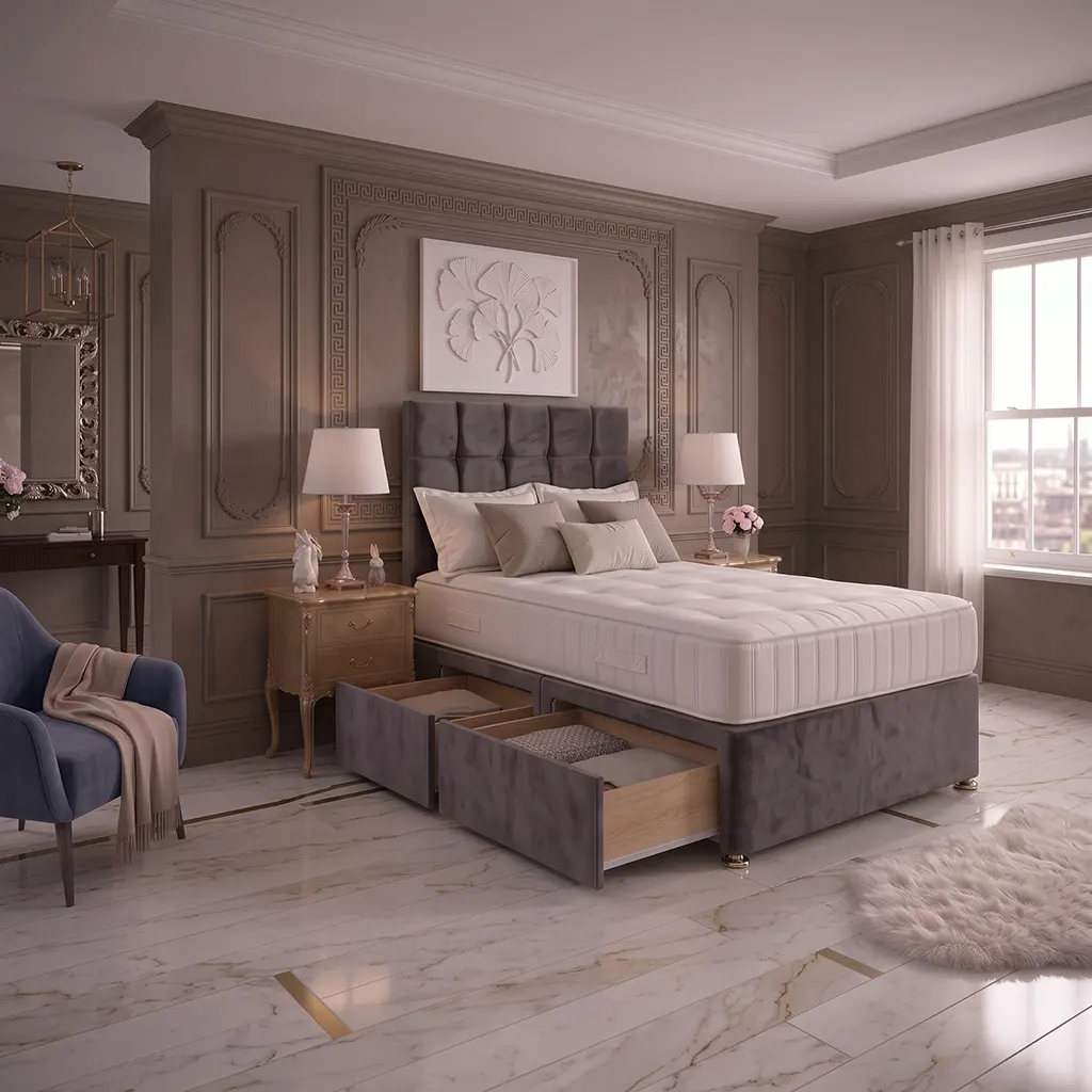 Grey 4FT6 Double Divan Bed with 4 Drawers, Cubic Headboard & Memory Foam Mattress