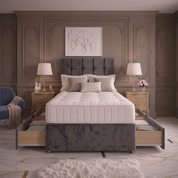 Grey 4FT6 Double Divan Bed with 4 Drawers, Cubic Headboard & Memory Foam Mattress