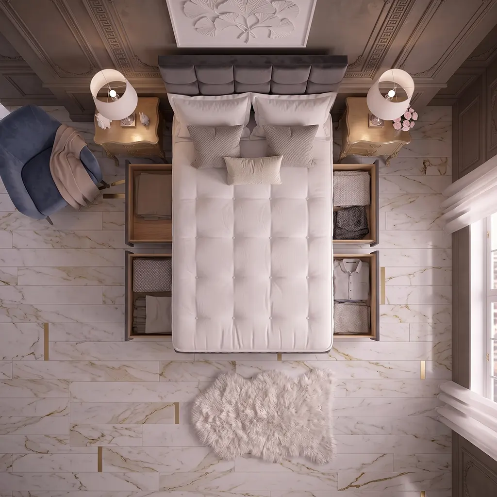 Grey 4FT6 Double Divan Bed with 4 Drawers, Cubic Headboard & Memory Foam Mattress