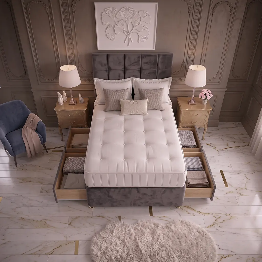 Grey 4FT6 Double Divan Bed with 4 Drawers, Cubic Headboard & Memory Foam Mattress
